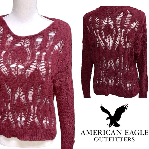 American Eagle Open Weave Crochet Sweater Burgundy Red Cranberry Size Large - Picture 11 of 13